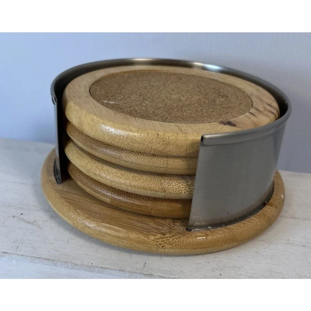 2015 BETTER HOMES Set Of 4 BAMBOO & CORK COASTERS IN Metal Holder